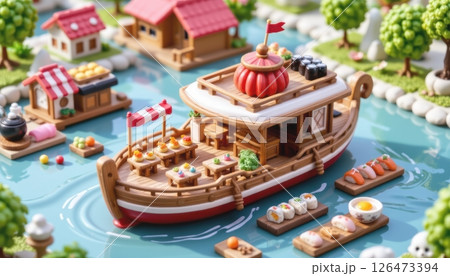 Miniature Food concept, Colorful toy boat surrounded by miniature buildings and food items. 126473394