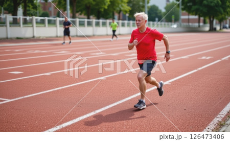 Runner on a track, showcasing fitness and determination in motion. 126473406