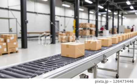 Conveyor belt with boxes in a modern warehouse setting. Conveyor belt with boxes in a modern warehouse setting. 126473446