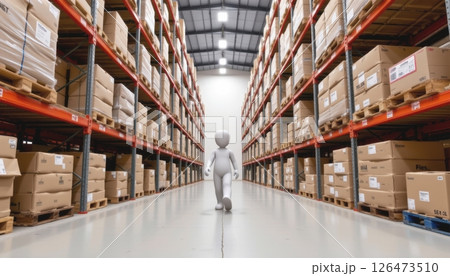 A figure walks through a vast warehouse filled with stacked boxes. A figure walks through a vast warehouse filled with stacked boxes. 126473510