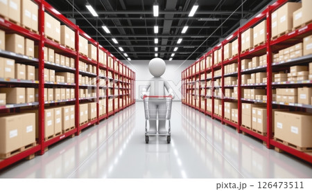 A person with a cart in a warehouse aisle filled with boxes. 126473511