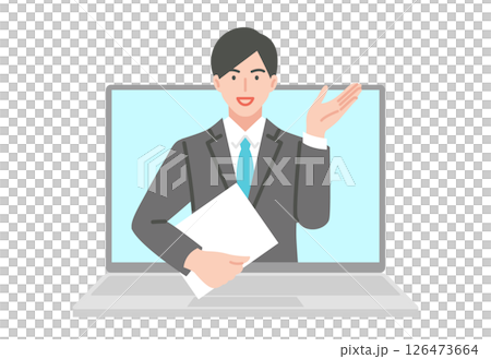 Illustration material of a young male office worker participating in an online meeting on a computer Illustration material of a young male office worker participating in an online meeting on a computer 126473664