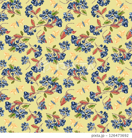 Botanical seamless pattern with aronia berries and autumn leaves in watercolor isolated. Butterflies and berry branches hand painted repeat background for textiles, gift wrap, nature decor, packaging. 126473692