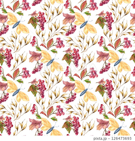 Vintage fall seamless pattern with red berries, rowan branches, and delicate butterflies isolated. Botanical watercolor print hand drawn for seasonal home design, packaging, wallpaper, textile. 126473693