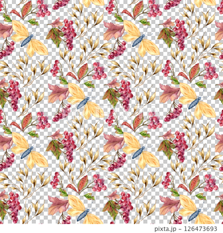Vintage fall seamless pattern with red berries, rowan branches, and delicate butterflies isolated. Botanical watercolor print hand drawn for seasonal home design, packaging, wallpaper, textile. 126473693