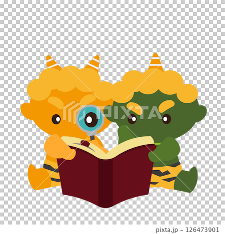 Illustration of a yellow and green demon looking at a book with a magnifying glass Illustration of a yellow and green demon looking at a book with a magnifying glass 126473901