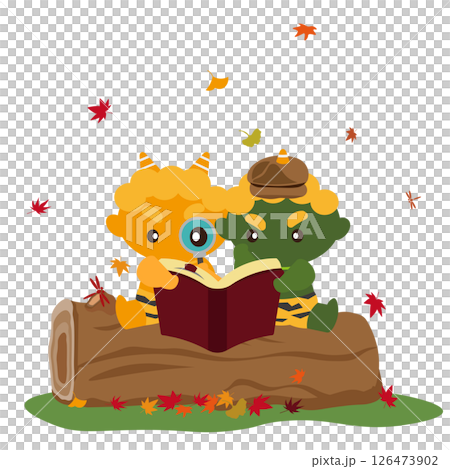 Illustration of a yellow and green demon reading a book on a log Illustration of a yellow and green demon reading a book on a log 126473902