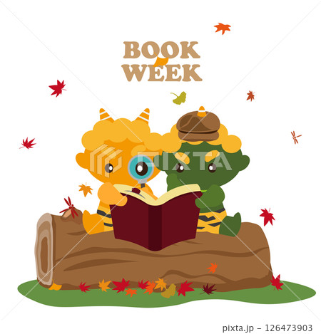 秋、丸太の上で読書する鬼たちのBOOK WEEKのイラスト 126473903