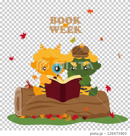秋、丸太の上で読書する鬼たちのBOOK WEEKのイラスト 126473903