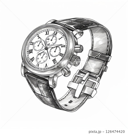 Black and white sketch of a wristwatch with a white dial and a black bezel. Black and white sketch of a wristwatch with a white dial and a black bezel. 126474420