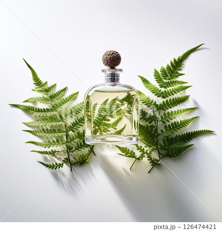 Natural organic cosmetic product with green leaves on white background, closeup Natural organic cosmetic product with green leaves on white background, closeup 126474421