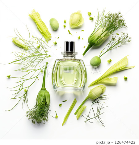 Elegant Transparent Perfume Bottle Surrounded by Green Leaves and White Flowers in Bright Light Elegant Transparent Perfume Bottle Surrounded by Green Leaves and White Flowers in Bright Light 126474422