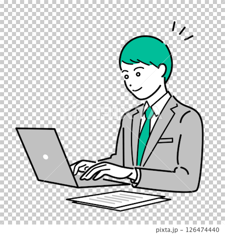 A simple upper body vector illustration of a man in a business suit working on a computer A simple upper body vector illustration of a man in a business suit working on a computer 126474440