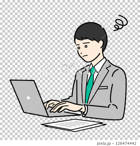 A simple upper body vector illustration of a man in a business suit sighing and worrying while working on a computer A simple upper body vector illustration of a man in a business suit sighing and worrying while working on a computer 126474442
