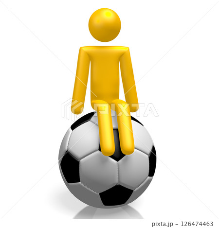 Yellow cartoon character sitting on soccer ball Yellow cartoon character sitting on soccer ball 126474463