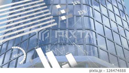 Financial data and world map image over modern glass building 126474888