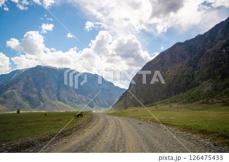 Dirt road running along Chulyshman river at entrance to Chulyshman valley in Altai Russia Scenic remote route through wild mountain landscape Dirt road running along Chulyshman river at entrance to Chulyshman valley in Altai Russia Scenic remote route through wild mountain landscape 126475433