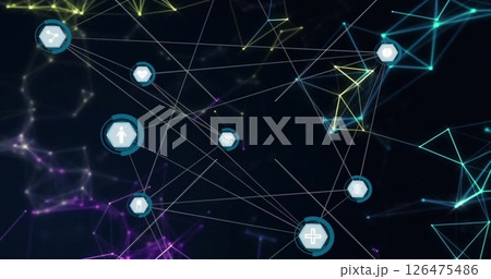 Image of network of connections with icons on black background 126475486