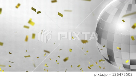 Image of confetti falling and disco ball on white background 126475502