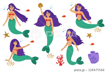 Mermaids, beautiful cute girls with purple hair. Vector set. Isolated illustration. 126475568