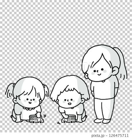 ミニカーで遊ぶ子どもたちを大人が見守っているイラスト白黒バージョン