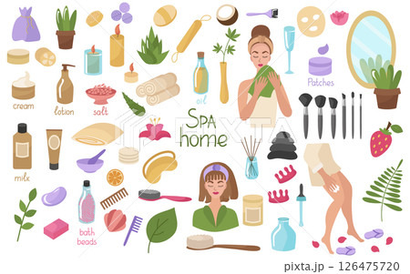 Home spa, a large set for face and body. Girls, towels, cosmetics, dried flowers, skin care cream. Candle, brush, oil, lotion in jars and tubes. Vector illustration isolated. 126475720
