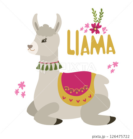 Llama or alpaca in the Mexican style. Vector illustration isolated. For the decor of the nursery, a poster, a postcard. 126475722