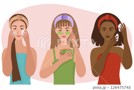 Girlfriends do self-care, face masks, hair. Home spa for different nationalities. Vector illustration isolated. 126475748