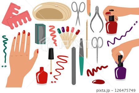 Manicure tools, women's hands, nail polish and painted nails. Nail file, scissors, wire cutters. A set of vector illustrations, blanks for design or decor. Flat hand-drawn style 126475749