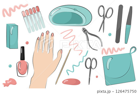 Manicure tools and women's painted nails. Nail file, scissors, clippers, nail Polish. A set of vector illustrations isolated. Manicure tools and women's painted nails. Nail file, scissors, clippers, nail Polish. A set of vector illustrations isolated. 126475750