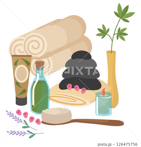 Clipart for spa treatments for face and body. Towels, cosmetics, dried flowers cream with aloe for skin care. Candle, brush, oil, lotion in jars and tubes. Vector illustration isolated. 126475756