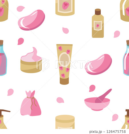 Seamless pattern of cosmetics with a rose for skin care. Cream, soap, oil, lotion, petals. Vector. Clipart for spa treatments for face and body. For printing on paper or fabric Seamless pattern of cosmetics with a rose for skin care. Cream, soap, oil, lotion, petals. Vector. Clipart for spa treatments for face and body. For printing on paper or fabric 126475758