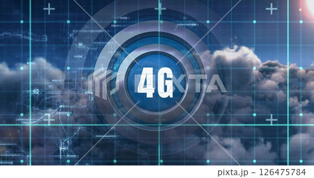 Image of grid and data over 4g text and cloudy sunset sky 126475784