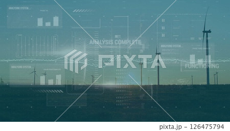 Image of financial data processing over wind turbines 126475794