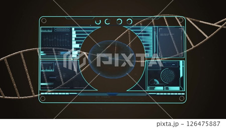 Image of dna strand over interface processing blood cell data on black background Image of dna strand over interface processing blood cell data on black background 126475887