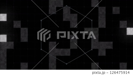 Image of hexagon and flickering squares over black background 126475914