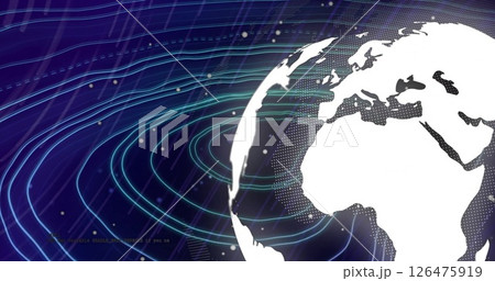 Image of globe with data processing over lines and light trails on black background 126475919