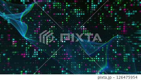 Image of network waves over colourful twinkling light wall on dark background Image of network waves over colourful twinkling light wall on dark background 126475954