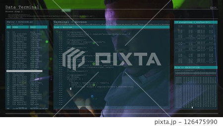 Image of data processing over african american man working in server room 126475990