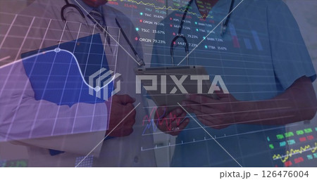 Image of data processing and diagrams over diverse male doctors using tablet 126476004