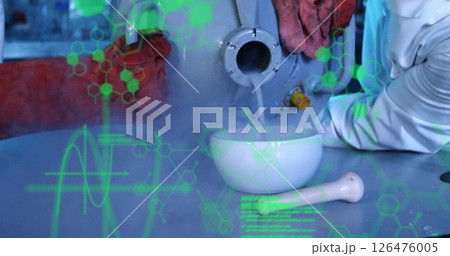 Image of chemical formula and data processing over diverse scientists in lab 126476005