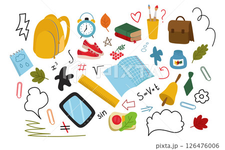 Back to school, a collection of hand-drawn clipart. Backpack, accessories, brushes, sneakers, ruler, tablet, alarm clock, notebook. Vector illustration isolated. 126476006