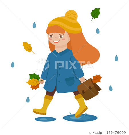 Girl goes to school, carrying a briefcase. It's autumn, it's raining and the leaves are falling. Vector clipart, isolated illustration 126476009