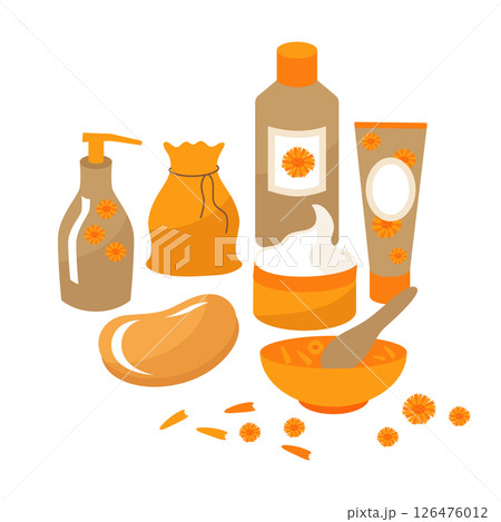 A set of cosmetics with calendula for skin care, spa treatments for face and body. Cream, soap, lotion in jars and tubes. Vector illustration for labels, banners, advertisements 126476012