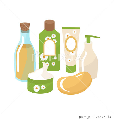 A set of cosmetics with chamomile for skin care, spa treatments for face and body. Cream, soap, lotion, oil in jars and tubes. Vector illustration for labels, banners, advertisements 126476013