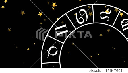 Image of circle with zodiac signs over stars on black background 126476014