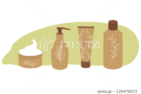 Eco cosmetics skin care kit. Cream, soap, lotion in jars and tubes. Isolated vector illustration. Clipart for spa treatments for face and body. 126476015