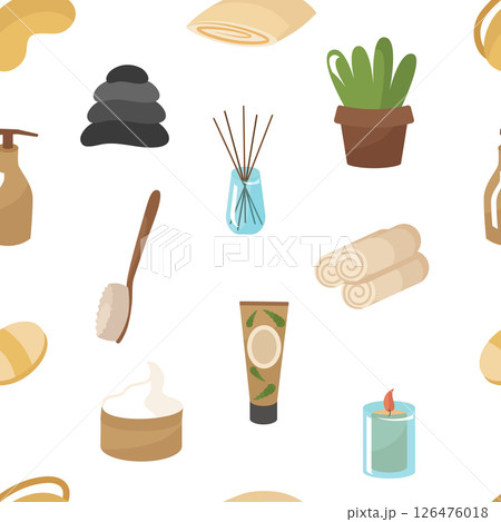 Seamless pattern cosmetics with aloe for skin care. Cream, brush, candle, towel, massage stones. Vector. Clipart for spa treatments for face and body. For printing on paper or fabric 126476018