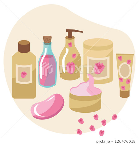Cosmetics set with a rose for skin care. Cream, soap, oil, lotion in jars and tubes. Vector illustration isolated. Clipart for spa treatments for face and body. 126476019