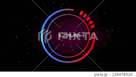 Image of speedometer with growing number over light spots on black background 126476020